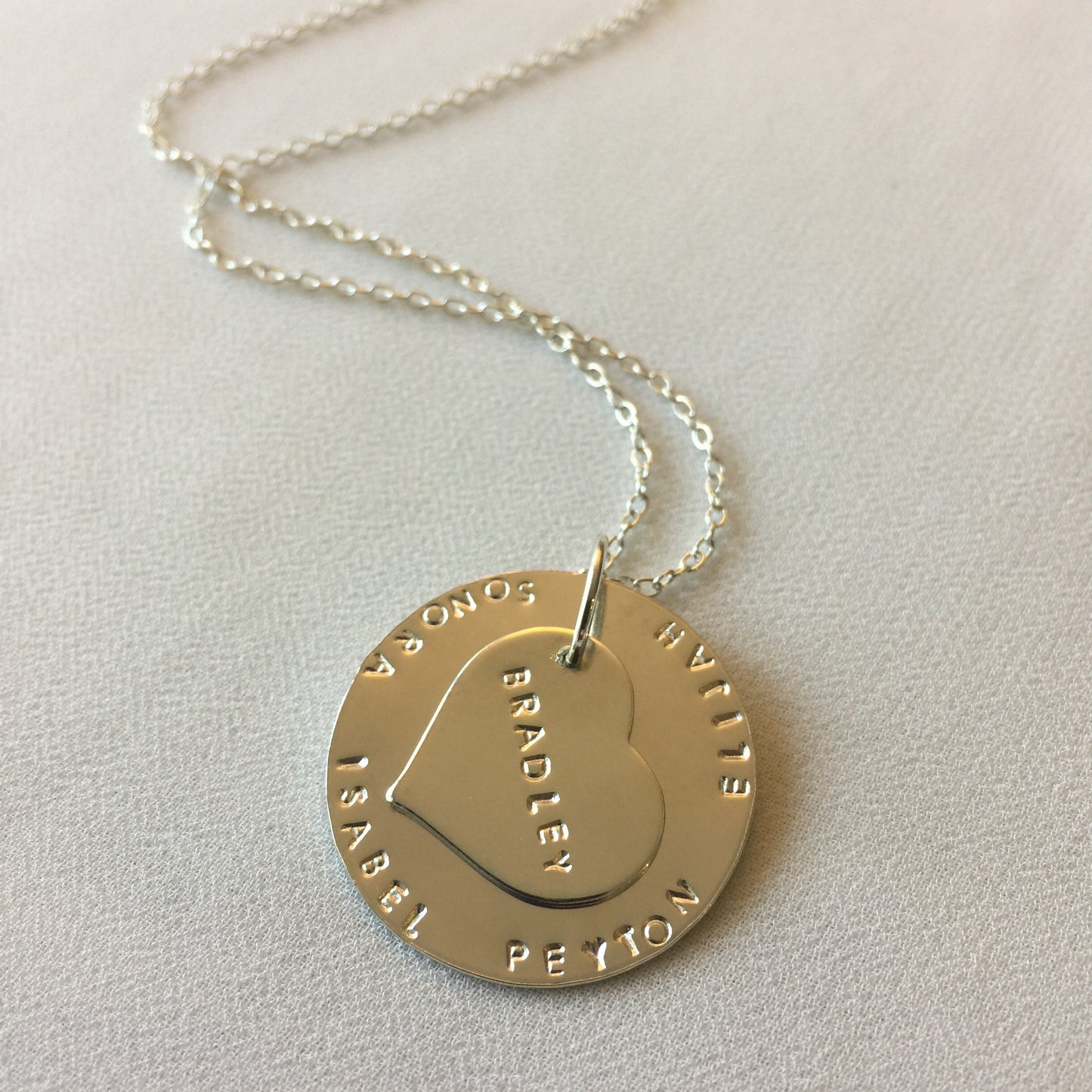 Harlow ~ Small Heart Large Disc Hand Stamped Duo Necklace