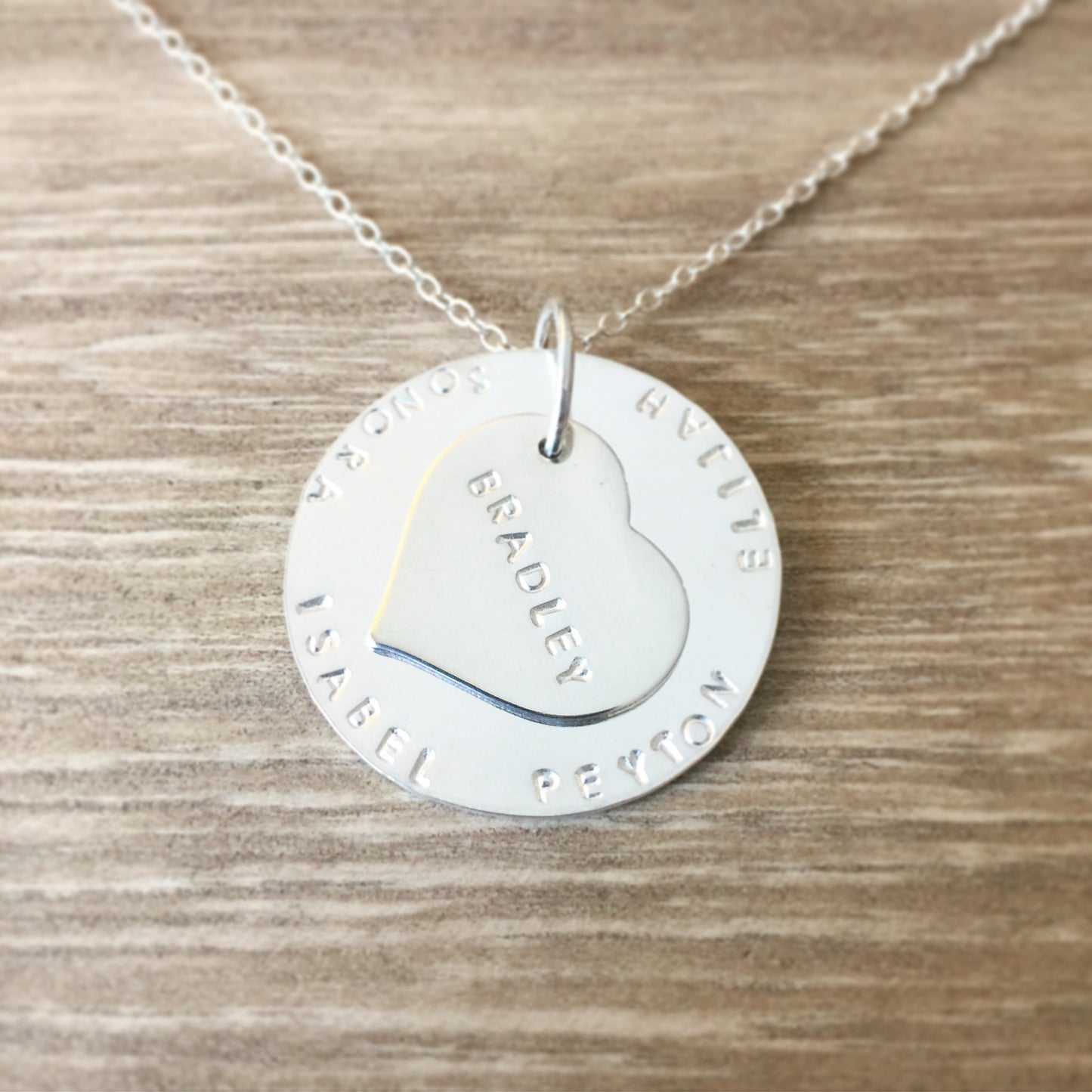 The Harlow ~ Small Heart Large Disc Hand Stamped Duo Necklace
