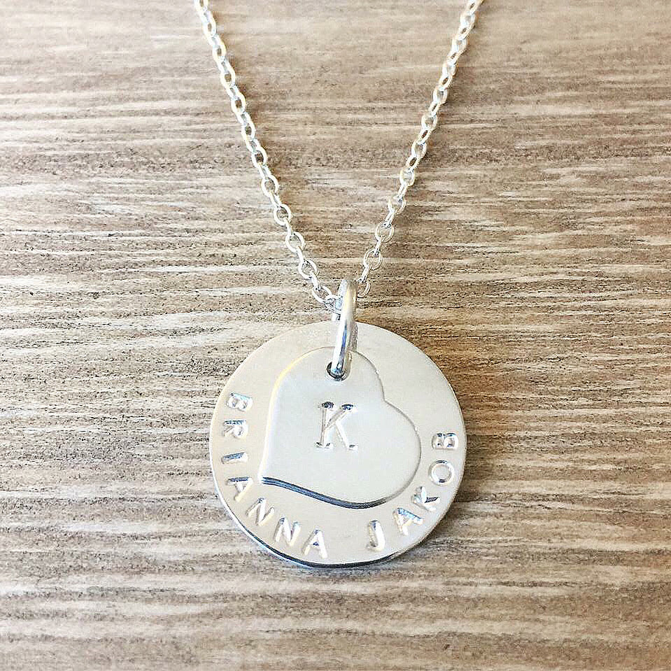 Harlow ~ Small Heart Large Disc Hand Stamped Duo Necklace